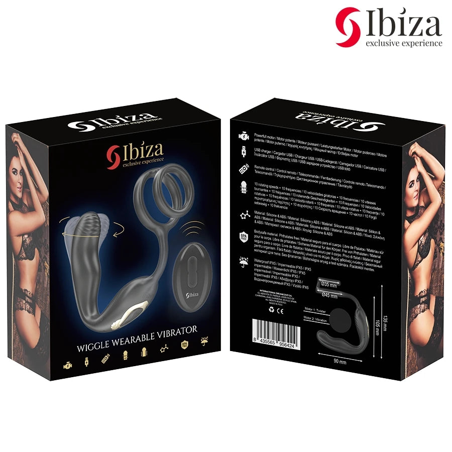 Emballage Ibiza Wiggle wearable vibrator avec anneau pénien et stimulation prostatique avec descriptions