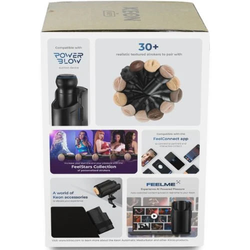 Boîte produit Keon Automatic Masturbator avec accessoires interactifs, connectivité FeelConnect et compatibilité PowerBlow