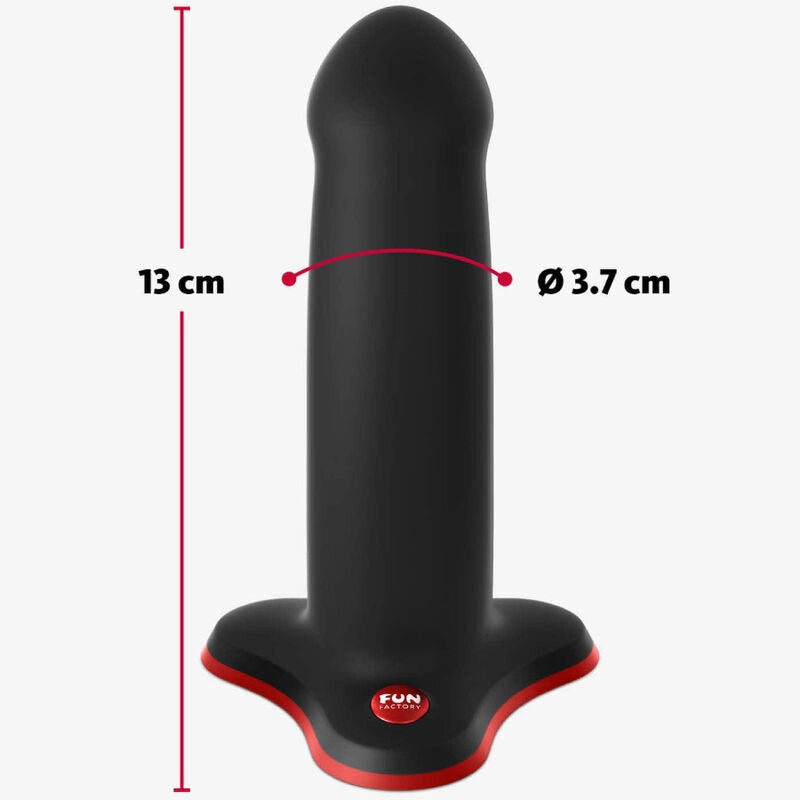 Gros plan sur le gode amor noir avec ses dimensions : hauteur et diamètre en cm