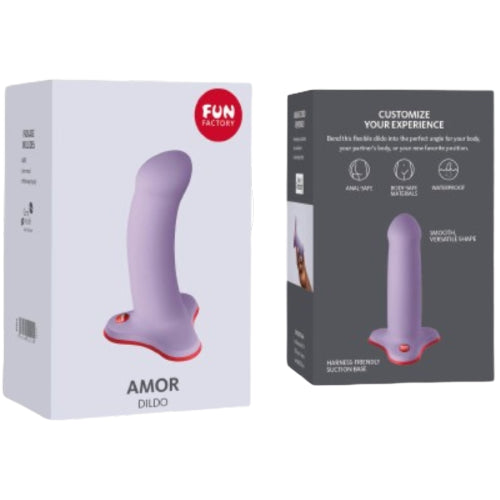 Photo de l'emballae du gode amor lilas. Face avant et arriere