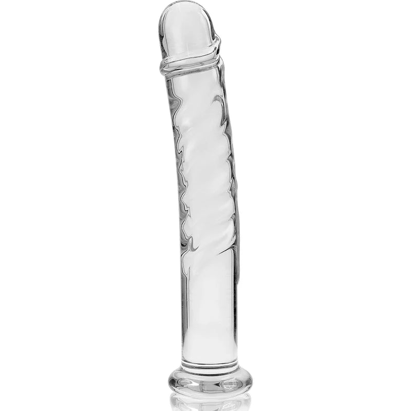 Gode réaliste en verre transparent texturé avec base évasée de sécurité vue de face sur fond blanc