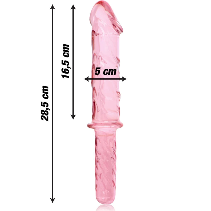 dildo en verre rose avec dimensions longueur 28,5 cm diamètre 5 cm stimulation interne