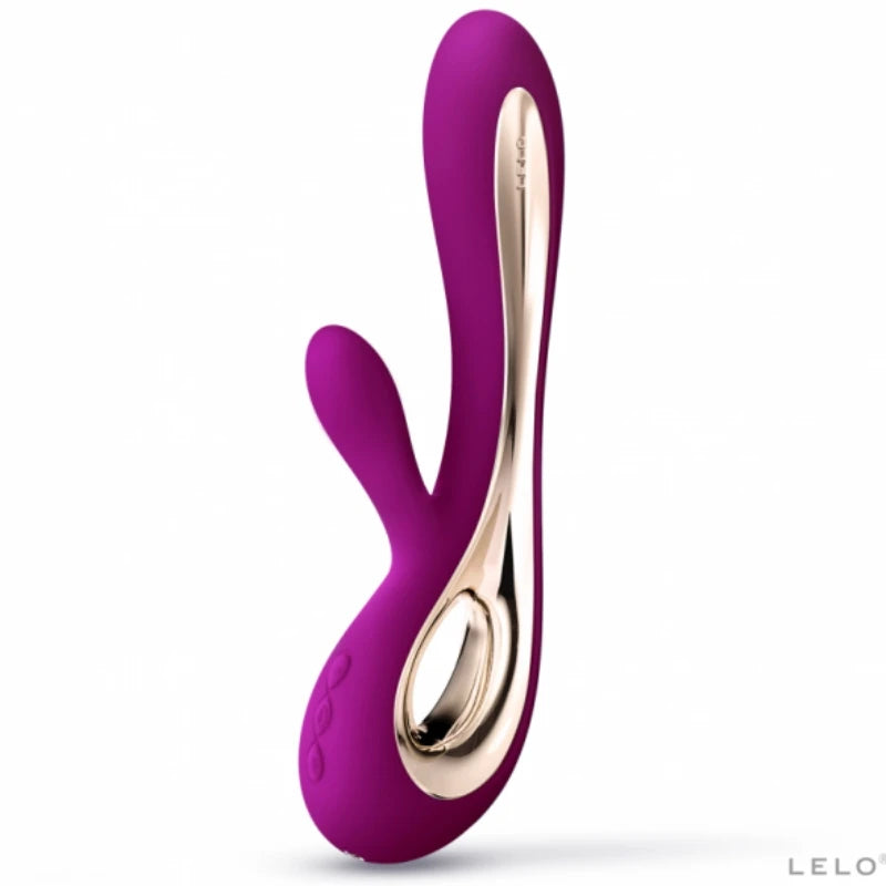 Vibromasseur rabbit violet LELO en silicone avec insert doré et double stimulation vue de face sur fond blanc