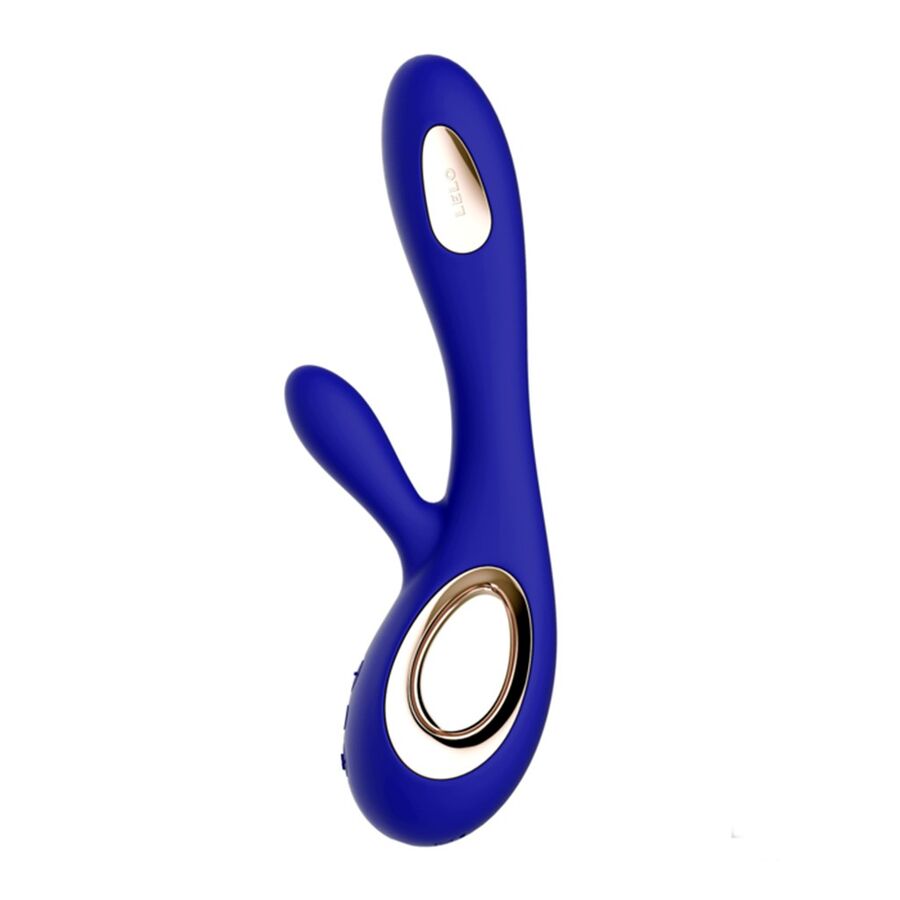 Vibromasseur rabbit bleu LELO en silicone avec insert métallique doré et double stimulation vue de face sur fond blanc
