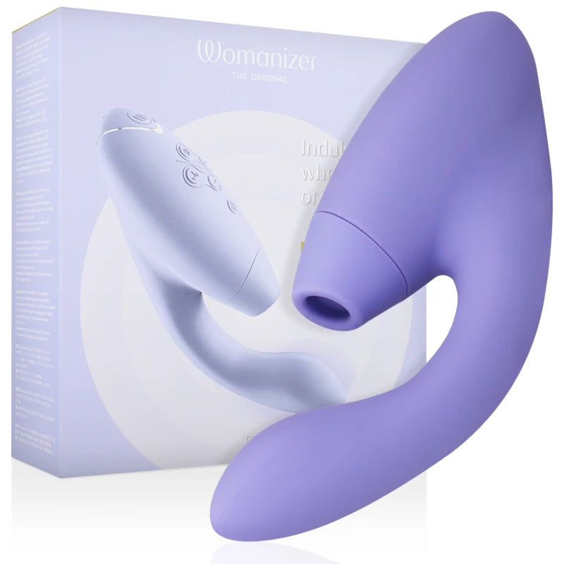 Womanizer Duo 2 lilas avec packaging vibromasseur rabbit stimulation clitoridienne air pulsé et point G