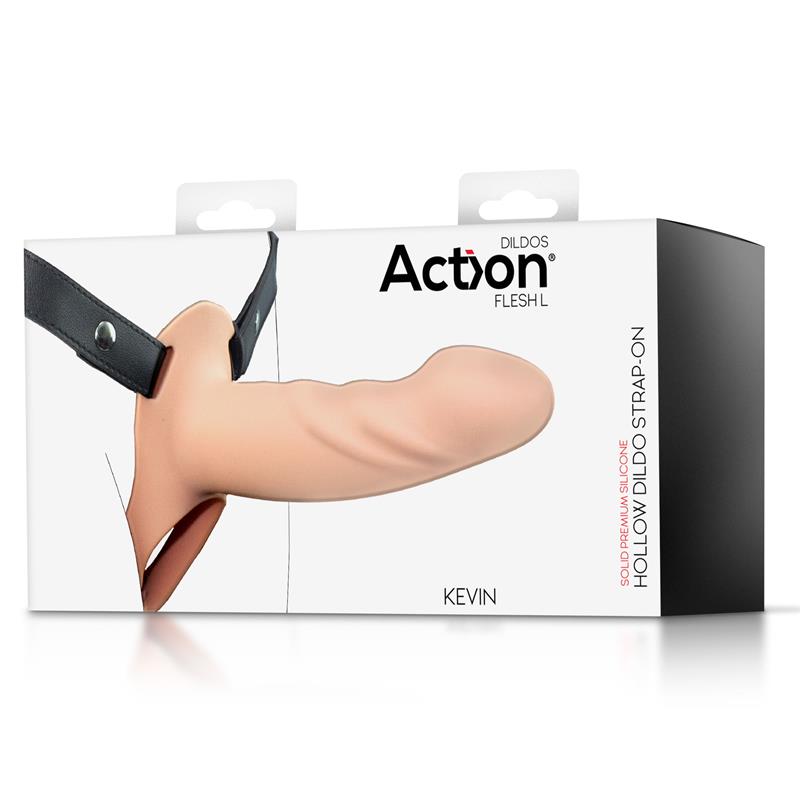 Manchon creux en silicone beige de la marque Action, livré avec son harnais à sangles noires