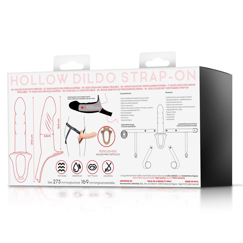 Gode creux sans phtalate Action : manchon creux en silicone beige et son harnais strap-on
