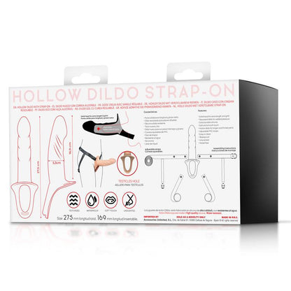 Gode creux sans phtalate Action : manchon creux en silicone beige et son harnais strap-on
