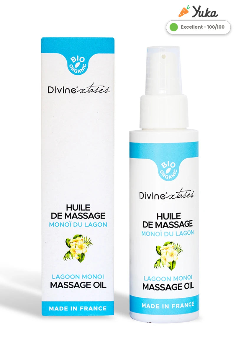 Huile de massage bio monoï Divinextases made in France — comestible texture légère fabriquée en France
