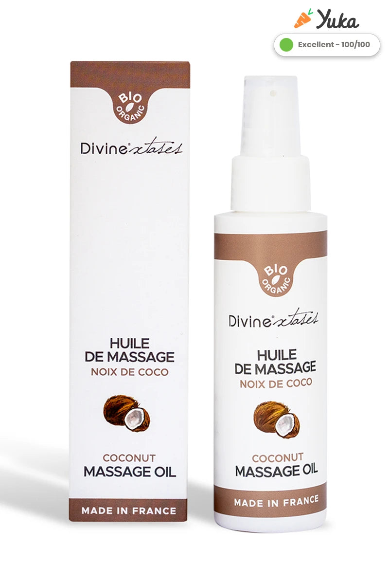 Huile de massage gourmande bio noix de coco Divinextases made in France — arôme naturel comestible flacon 100ml