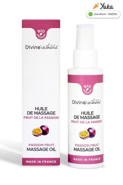 Huile de massage bio fruit de la passion Divinextases made in France — comestible parfumée ingrédients naturels