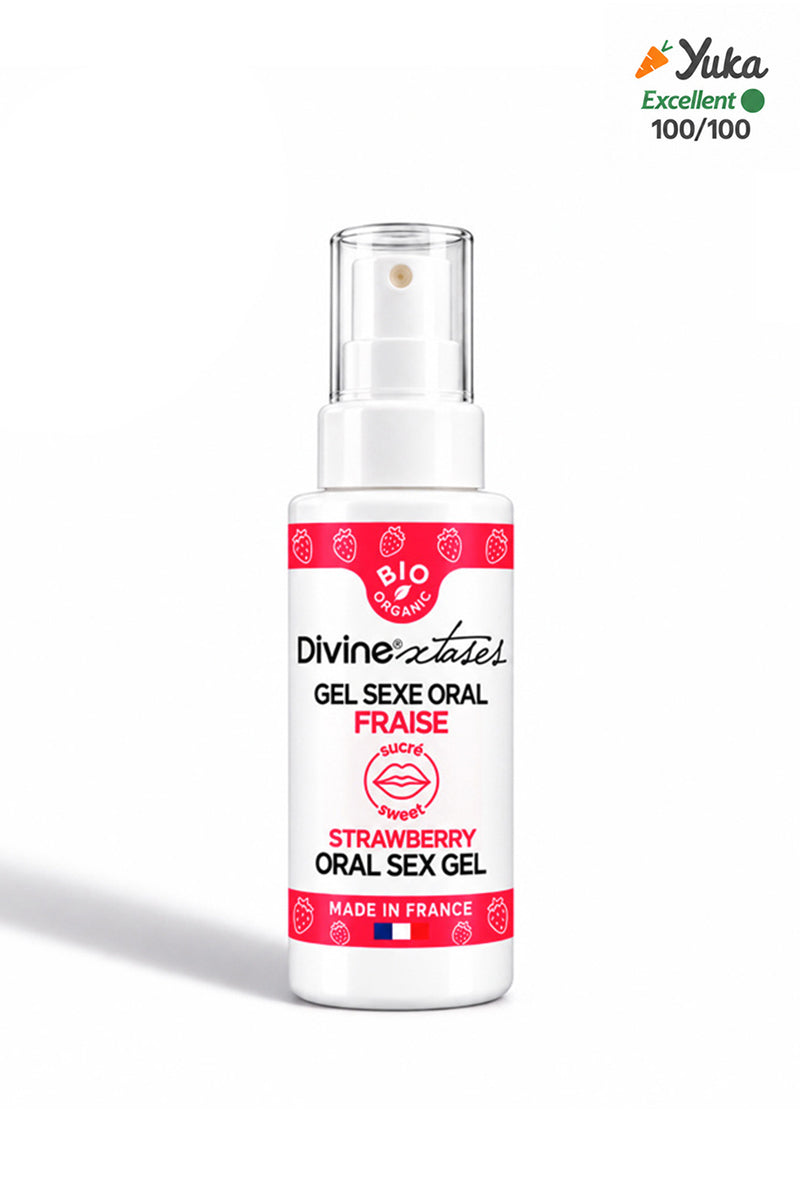 Emballage du gel sexe oral Divinextases fraise, fabriqué en France