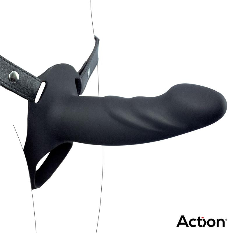 Gode creux en silicone noir, taille L, avec son harnais à sangles — modèle Action