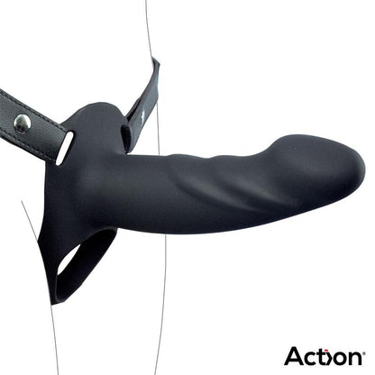 Gode creux en silicone noir, taille L, avec son harnais à sangles — modèle Action