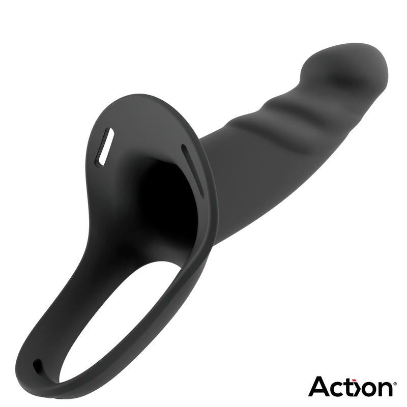 Gode creux en silicone noir, taille S, avec son harnais à sangles — modèle Action