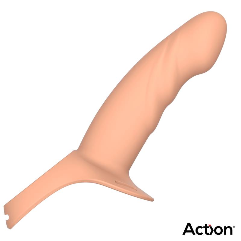Le manchon creux en silicone beige seul, détaché du harnais, son ouverture visible