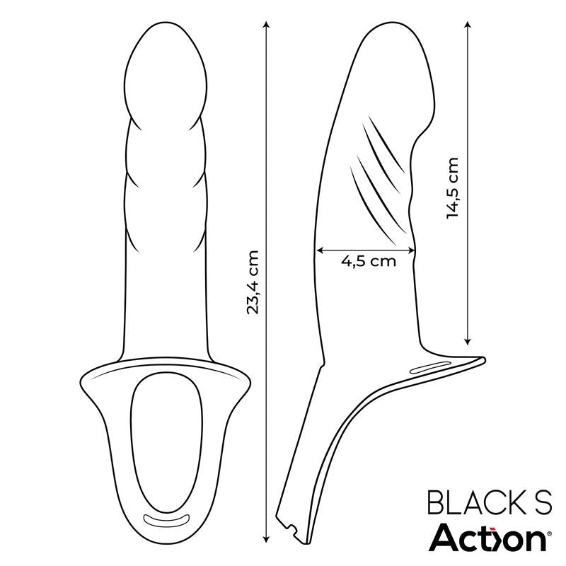 Gode creux Action en silicone noir, taille S, et son harnais à sangles réglables
