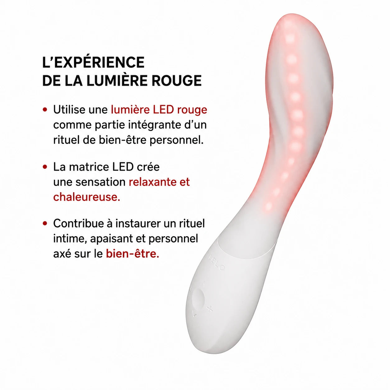 Mona Spectra LELO allumé : la matrice de LED rouges le long du vibromasseur lumineux point G