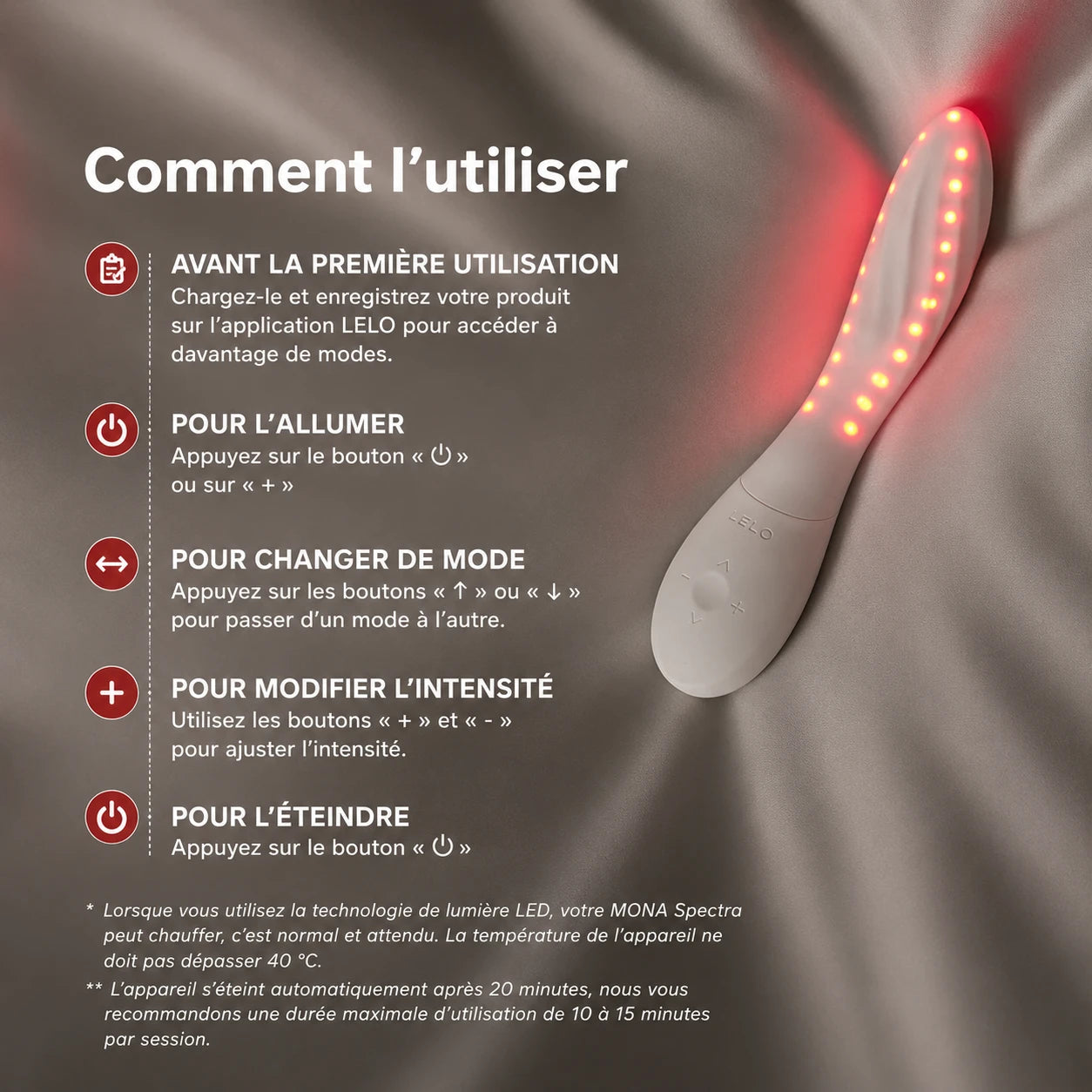 Mode d'emploi du Mona Spectra LELO : allumage, modes et intensités du vibromasseur lumineux