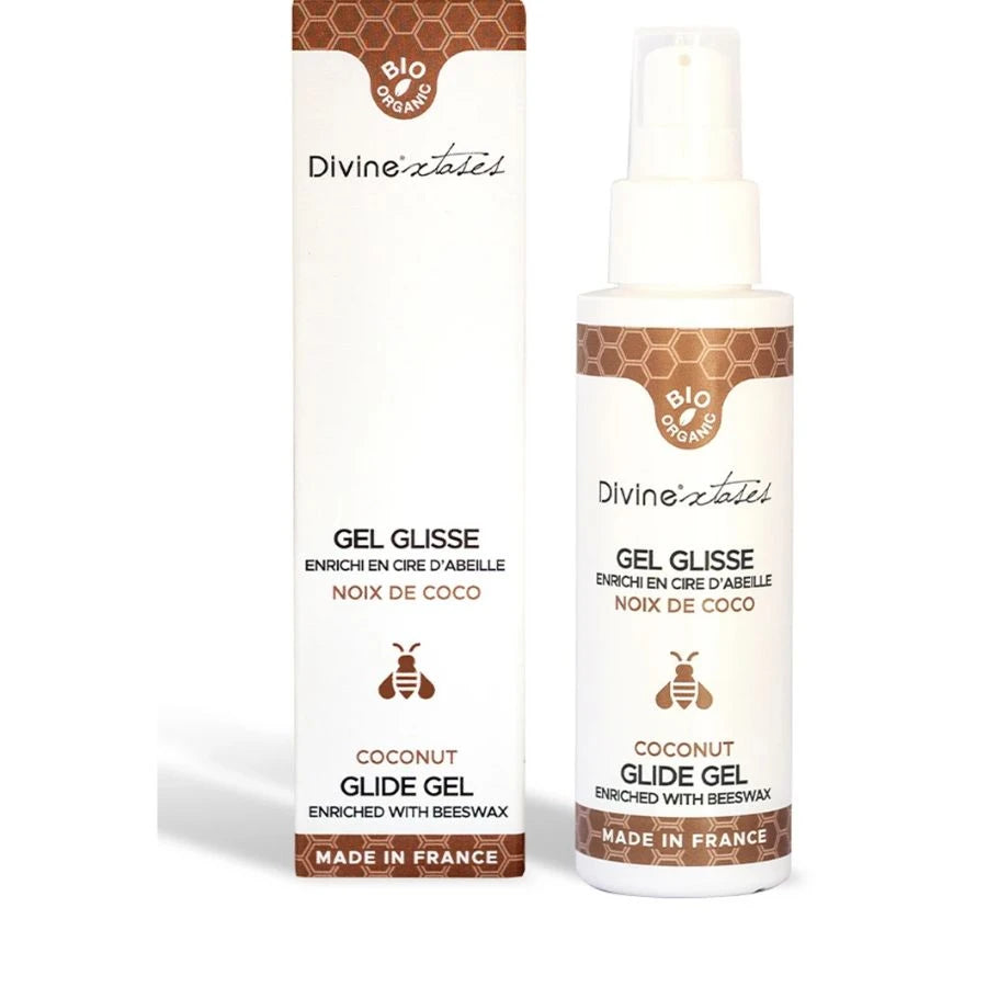Gamme lubrifiants bio parfumés Divinextases made in France — coco monoï barbe à papa caramel vanille framboise flacon pompe 100ml