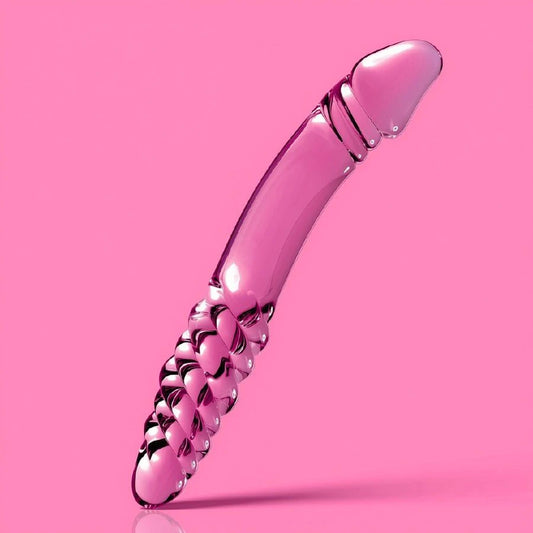 Gode en verre rose Icicles – double embout lisse courbé et tressé texturé borosilicate body-safe

