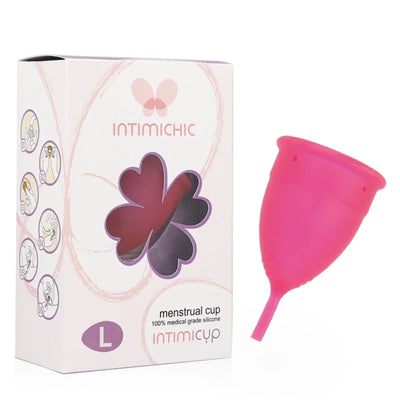 Cup menstruelle IntimiChic IntimiCup taille L en silicone médical rose – protection hygiénique réutilisable avec boîte