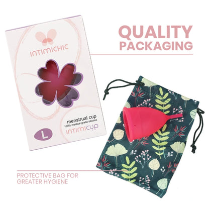 Coupe menstruelle IntimiChic IntimiCup taille L en silicone médical avec pochette de rangement hygiénique et boîte