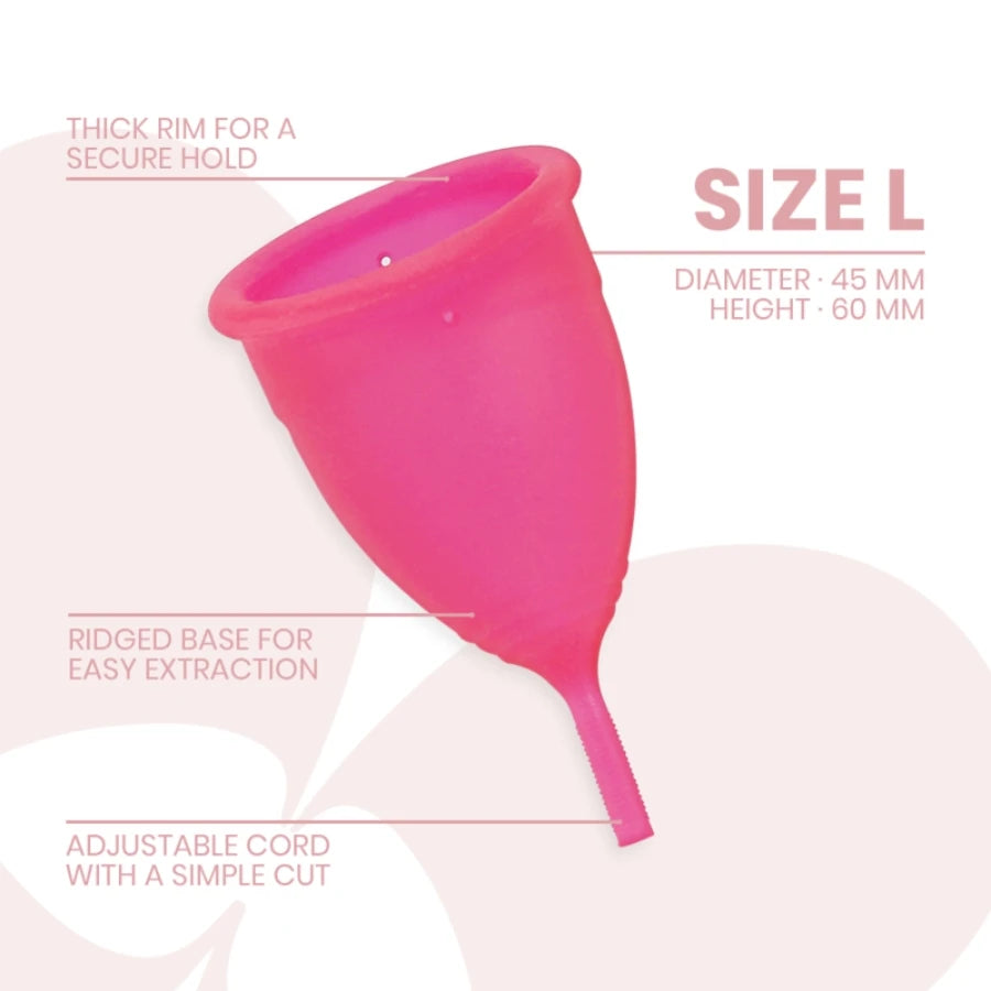 Coupe menstruelle taille L en silicone médical rose – diamètre 45 mm, tige ajustable et extraction facile