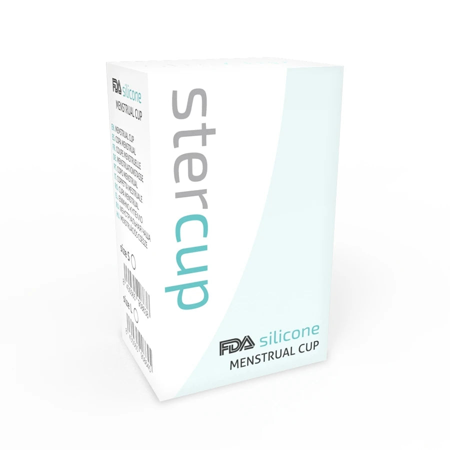 Boîte blanche Stercup Pro Silicone Menstrual Cup avec inscription verticale grise et verte
