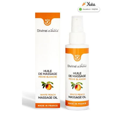 Huile de massage bio pêche blanche Divinextases made in France — comestible body-safe massage intime