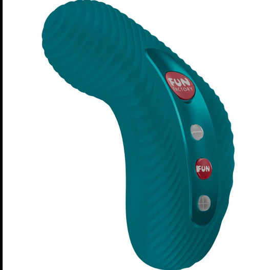 Vibromasseur Fun Factory en silicone turquoise ergonomique avec boutons de contrôle – sextoy haut de gamme