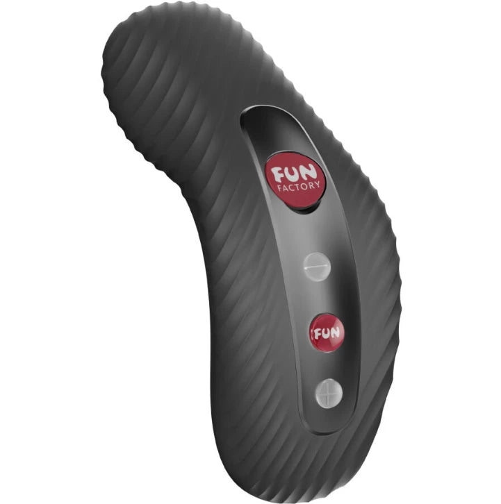 Vibromasseur courbé Fun Factory en silicone noir avec surface texturée et boutons de réglage intégrés