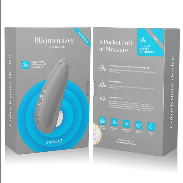 Coffret Womanizer Starlet 3 gris, stimulateur clitoridien Pleasure Air waterproof à 6 intensités