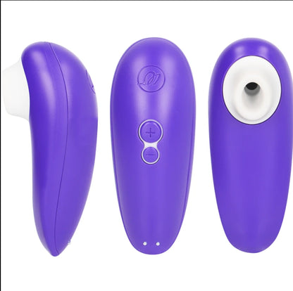 Womanizer Starlet 3 violet vu sous 3 angles, embout Pleasure Air, boutons plus-moins et logo