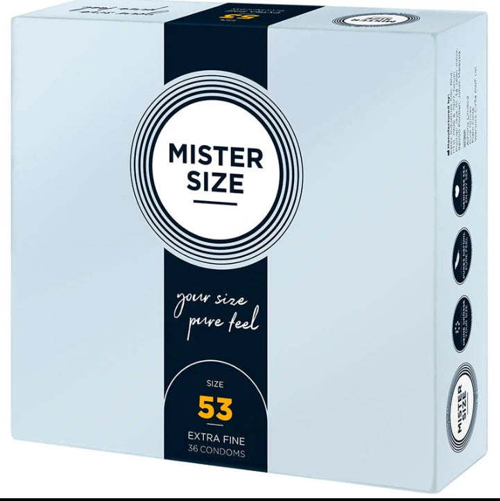Boîte de 36 préservatifs Mister Size taille M, 53 mm de largeur nominale