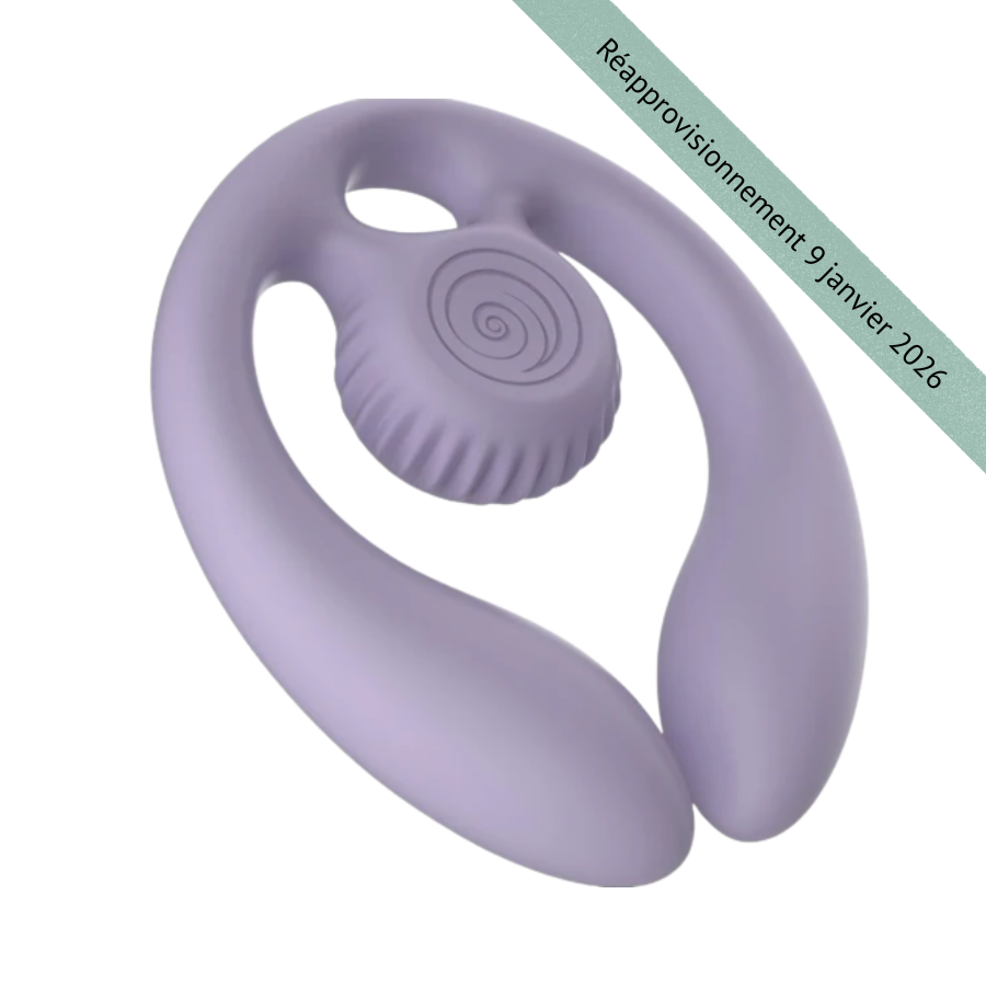 Vue de face de l'Union double sextoy en silicone violet – double stimulation avec bandeau d'information de réapprovisionnement