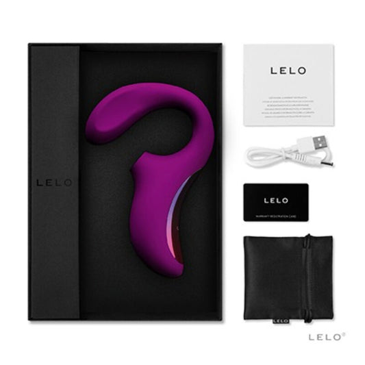 Présentation de la boîte du stimulateur clitoridien LELO Enigma Cruise violet avec ses accessoires