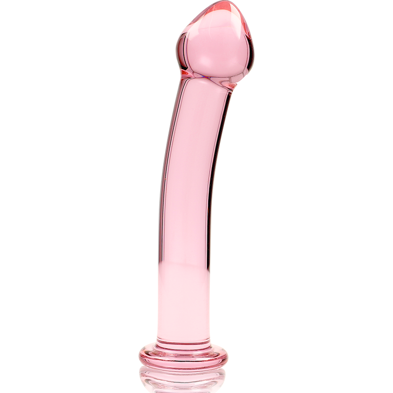 gode  en verre rose transparent sur fond blanc