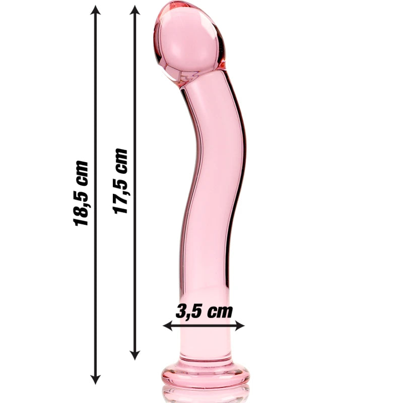 Dimensions du gode réaliste courbé en verre rose avec longueur totale 18,5 cm et diamètre 3,5 cm