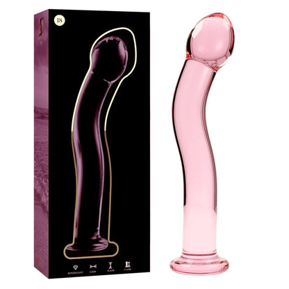 Gode réaliste courbé en verre rose avec base évasée présenté avec sa boîte sur fond blanc