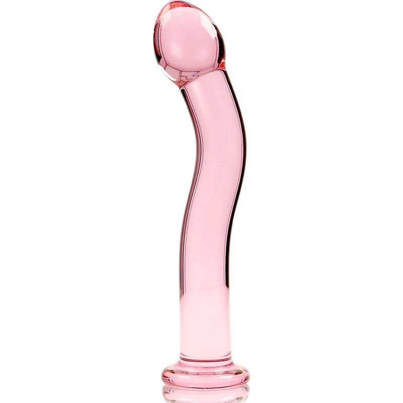 Gode réaliste courbé en verre rose avec base évasée de sécurité vue de face sur fond blanc