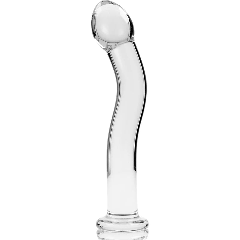 Gode réaliste courbé en verre transparent avec base évasée de sécurité vue de face sur fond blanc