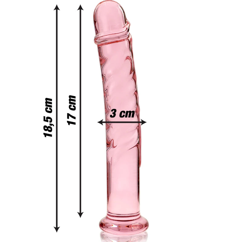 Dimensions du gode réaliste en verre rose avec longueur totale 18,5 cm et diamètre 3 cm