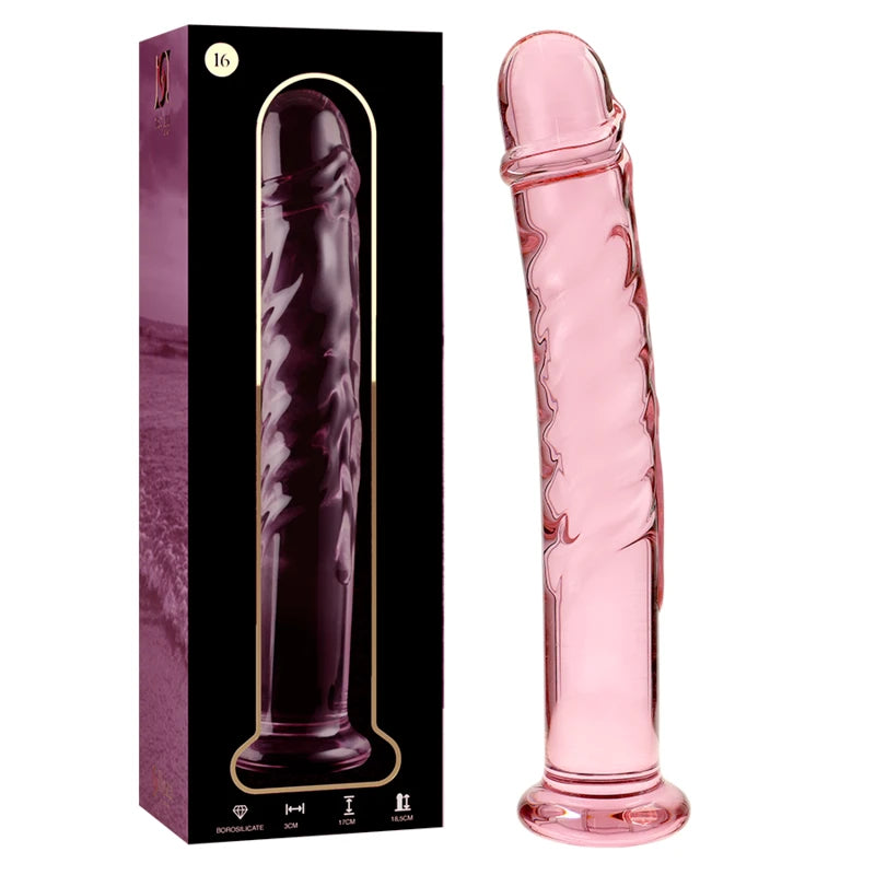 Gode réaliste en verre rose texturé avec base évasée présenté avec sa boîte sur fond blanc