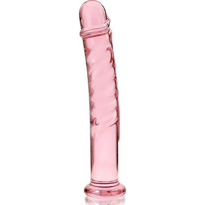 Gode réaliste en verre rose texturé avec base évasée de sécurité vue de face sur fond blanc