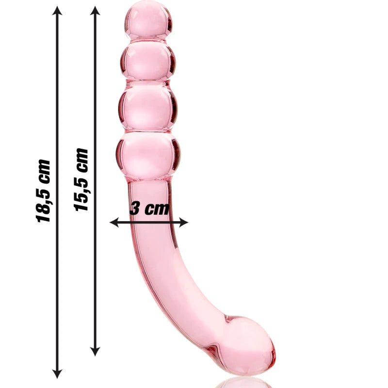 Dimensions du gode anal courbé en verre rose avec longueur totale 18,5 cm et diamètre 3 cm