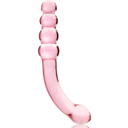Gode anal courbé en verre rose texturé avec base évasée de sécurité vue de face sur fond blanc