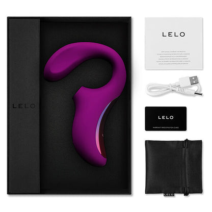Contenu de la boîte du Lelo Enigma rose profond : vibromasseur, câble USB, pochette et manuel