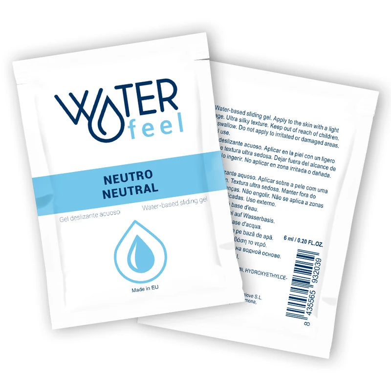 Sachet de lubrifiant Waterfeel neutre à base d’eau avec indication gel lubrifiant intime et informations produit au dos