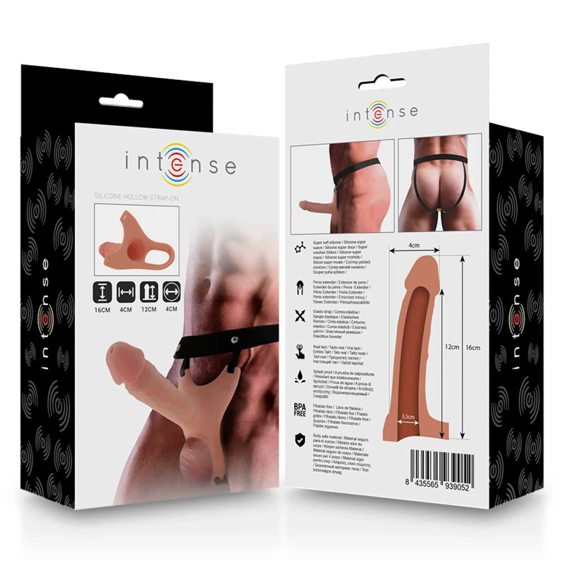 Strap-on en silicone avec harnais réglable et godemichet creux, livré en coffret avec caractéristiques et dimensions précises